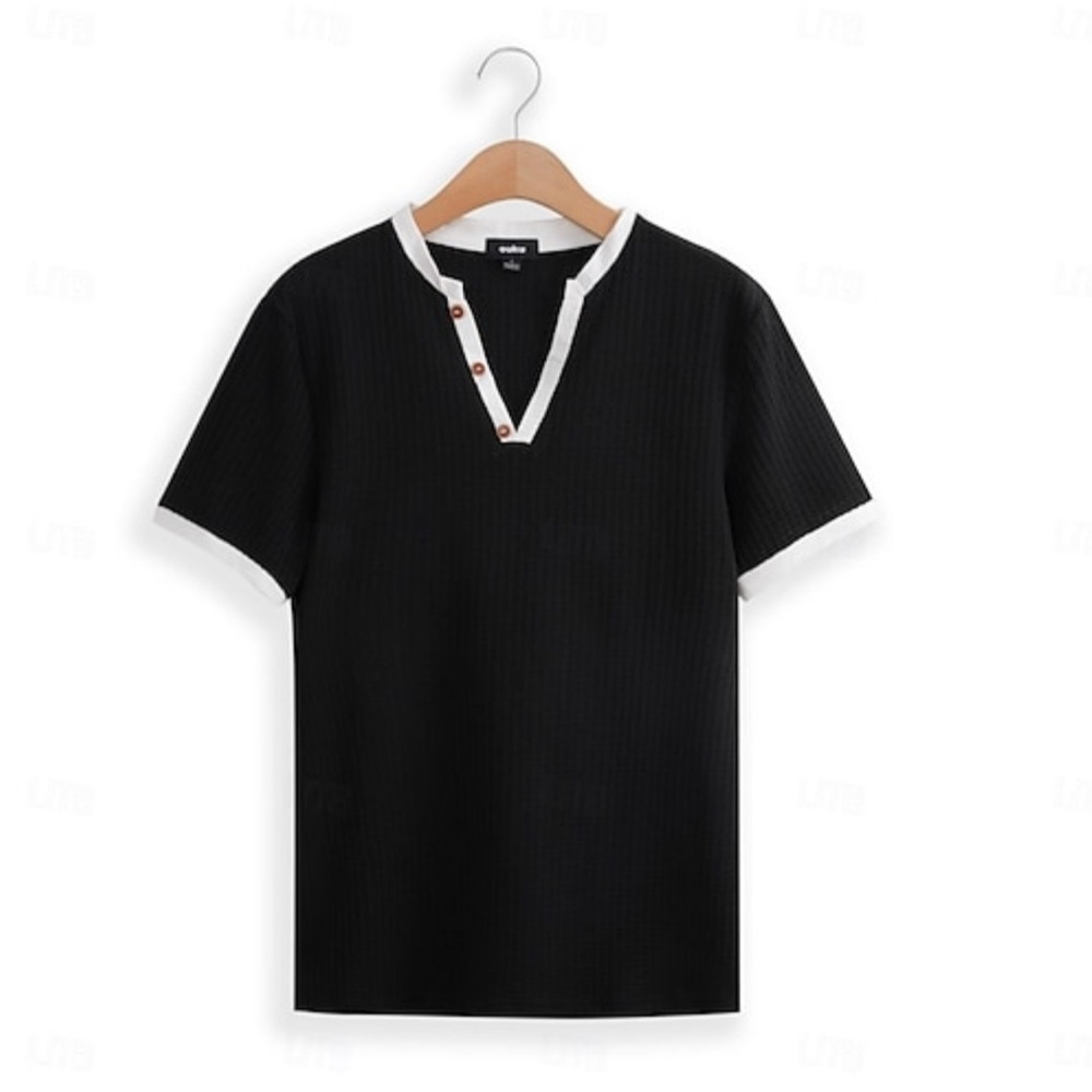 Men's Waffle Henley Shirt Waffle Knit Tee Top Solid Color V Neck Men’s Size 3XL - Picture 3 of 9